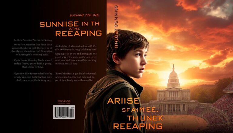Sunrise on the Reaping book cover showing Haymitch Abernathy in the Second Quarter Quell arena with a rising sun in the background