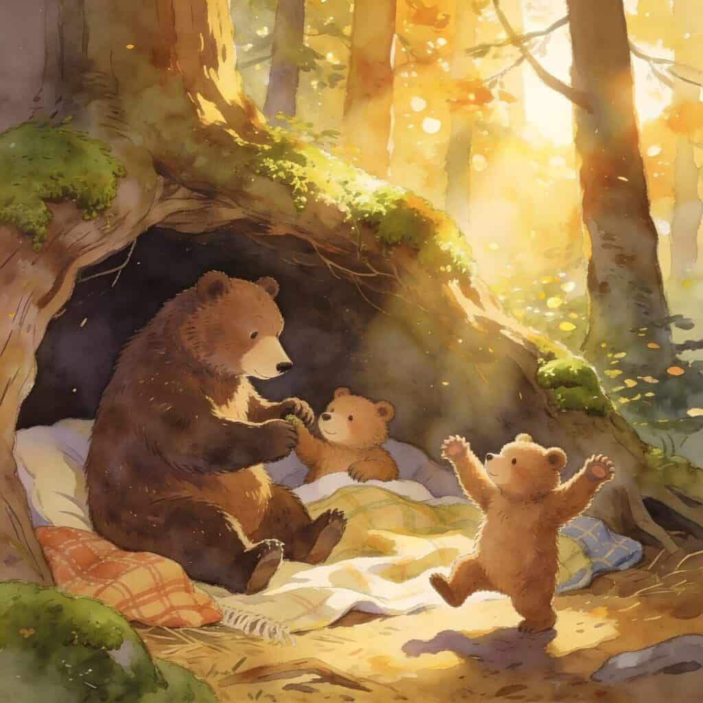bears, nature, animal, mammal, predator, wildlife, den, hibernation, forest, bed, playing, comforting, mama, mother, babies, cute, sweet, funny, cartoon, watercolor, painting, ai generated