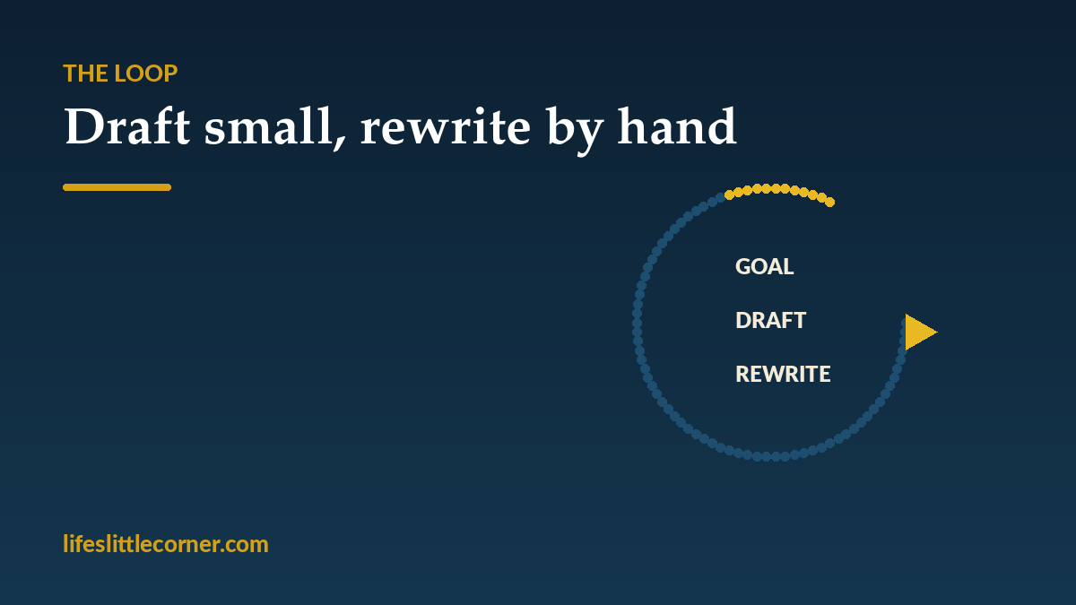 The AI drafting loop: set the scene goal, get a rough pass, rewrite by hand