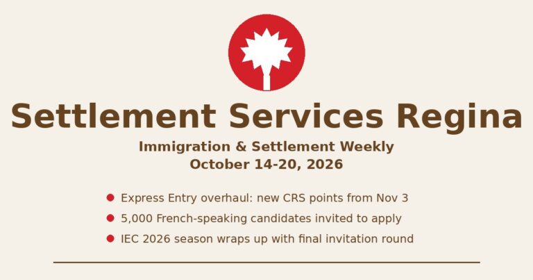 Settlement Services Regina — Immigration & Settlement Weekly newsletter header, October 14–20, 2026